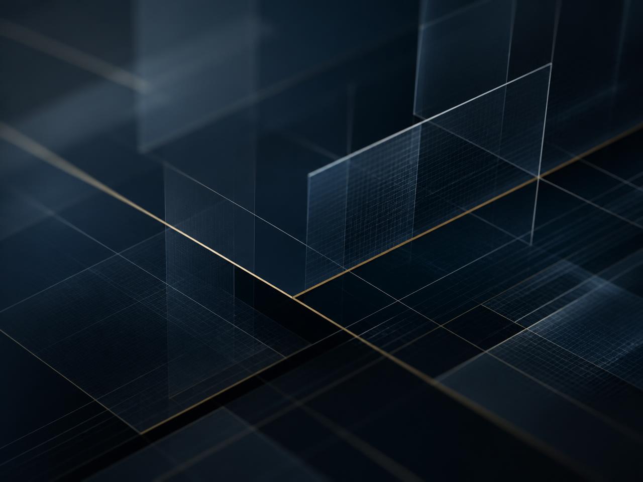 Layered translucent planes in dark navy intersected by fine technical grid lines and a brass edge