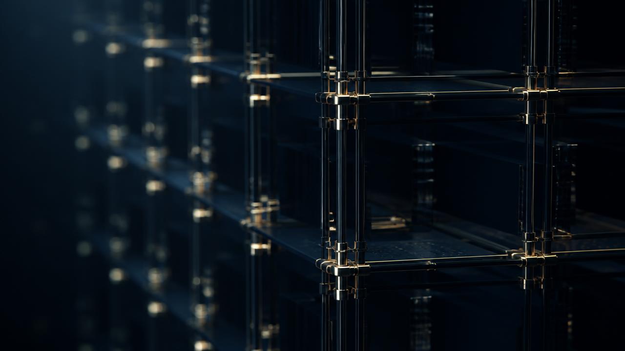 Structured metallic lattice grid rendered in dark navy with brass-lit joints